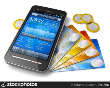 Mobile banking and finance concept: smartphone with stock exchange market application, group of color credit cards and golden Euro coins isolated on white background