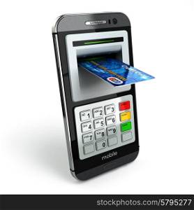 Mobile banking concept. Smartphone as ATM and credit cards. 3d