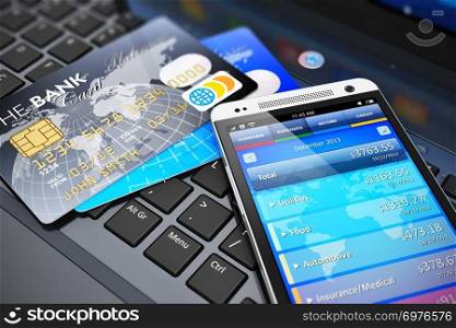 Mobile banking, financial success, accounting and electronic internet money payments business concept: macro view of stack of credit cards and modern touchscreen smartphone on office laptop keyboard with selective focus effect
