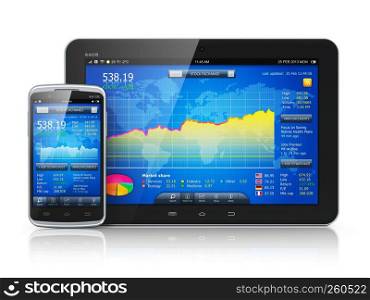 Mobile business concept: stock exchange market application on modern black glossy touchscreen smartphone and tablet PC computer isolated on white background with reflection effect