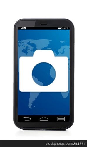 mobile camera icon on touch screen phone, cut out from white.