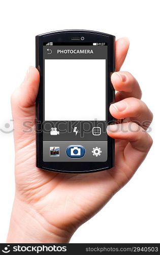 mobile camera interface on touch screen phone, cut out from white.