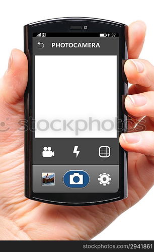 mobile camera interface on touch screen phone, cut out from white.