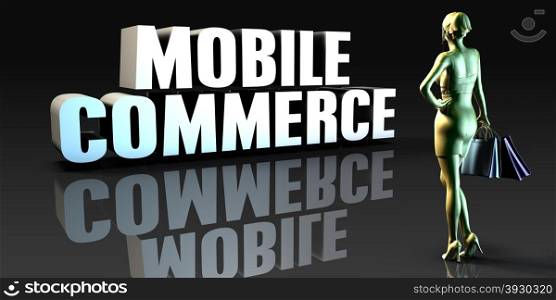 Mobile Commerce as a Concept with Lady Holding Shopping Bags. Mobile Commerce