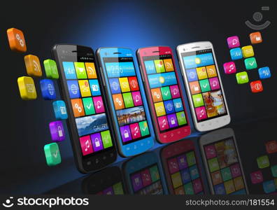 Mobile communications and social networking concept: row of touchscreen smartphones with cloud of application icons isolated on black background with reflection effect