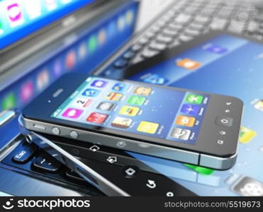 Mobile computing devices. Laptop, tablet pc and cellphone. 3d