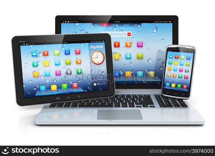 Mobile devices, mobility and telecommunication concept: metal business laptop or office notebook, tablet PC computer and modern black glossy touchscreen smartphone with colorful interface with application icons isolated on white background with reflection effect