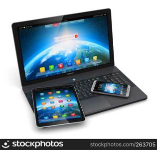 Mobile devices, wireless communication technology and internet web concept: business laptop or office notebook, tablet computer PC and modern black glossy touchscreen smartphone with colorful application interfaces isolated on white background