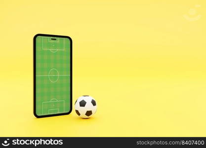 Mobile football soccer. Online sport bet play match. Online soccer game with live mobile app. Football field on the smartphone screen and ball. Online ticket sales, sport betting concept. 3d illustration