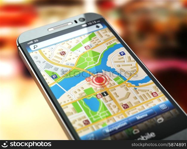 Mobile GPS navigation concept. Smartphone with city map on the screen. 3d