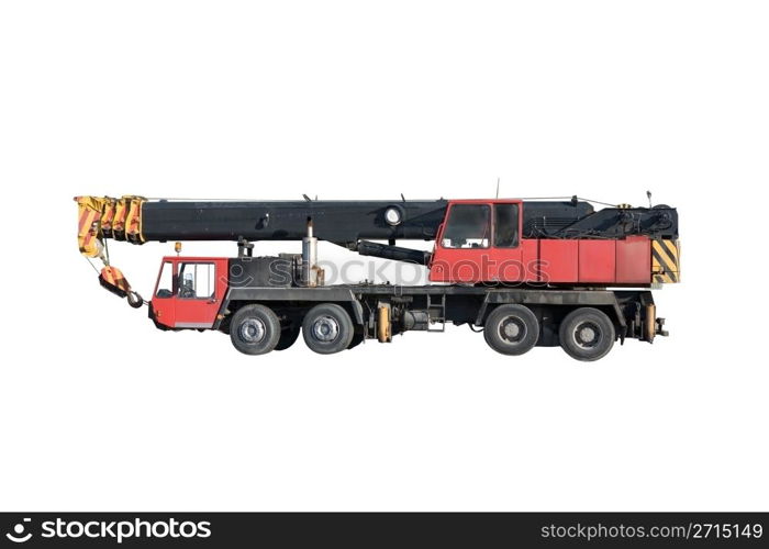 Mobile hydraulic truck crane in transport position isolated on a white background.