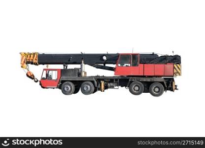 Mobile hydraulic truck crane in transport position isolated on a white background.