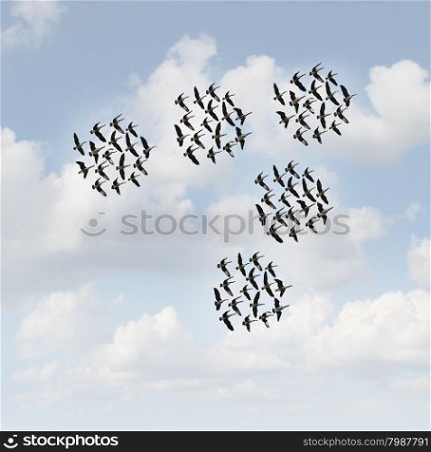 Mobile network and communication concept as groups of organized teams of flying geese flock moving together as a business metaphor for teamwork management.
