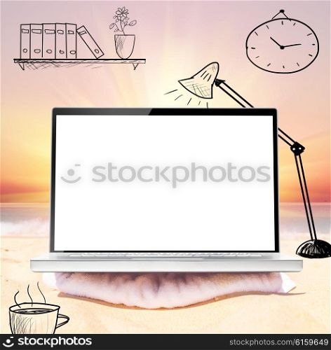 mobile office, modern laptop with blank screen on beach