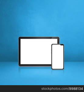 Mobile phone and digital tablet pc on blue office desk. 3D Illustration. Mobile phone and digital tablet pc on blue office desk