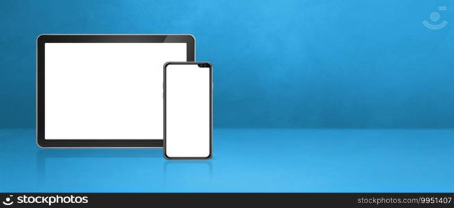 Mobile phone and digital tablet pc on blue office desk. Horizontal background banner. 3D Illustration. Mobile phone and digital tablet pc on blue office desk. Background banner