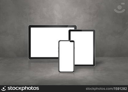 Mobile phone and digital tablet pc on concrete office scene. 3D Illustration. Mobile phone and digital tablet pc on concrete office scene