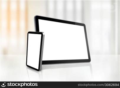 Mobile phone and digital tablet pc on office desk interior background. 3D Illustration. Mobile phone and digital tablet pc on office desk