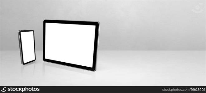 Mobile phone and digital tablet pc on white concrete office desk. Horizontal background banner. 3D Illustration. Mobile phone and digital tablet pc on white concrete office desk. Background banner