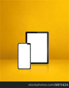 Mobile phone and digital tablet pc on yellow office desk. 3D Illustration. Mobile phone and digital tablet pc on yellow office desk