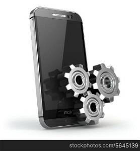 Mobile phone and gears on white isolated background.