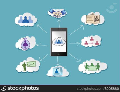 Mobile phone Cloud computing concept with Network contact by pen tablet hand drawing