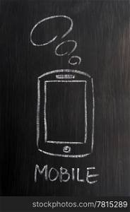 Mobile phone concept drawn with white chalk on a wooden blackboard