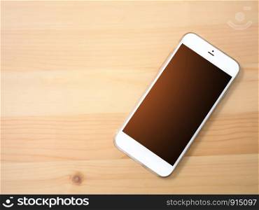 Mobile phone concept with blank screen mockup on an empty wood table background.