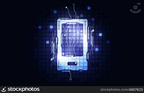 Mobile phone glowing icon. Smartphone service concept on blue dark background