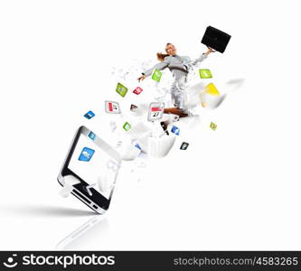 Mobile phone. Image of businesswoman jumping out of mobile phone