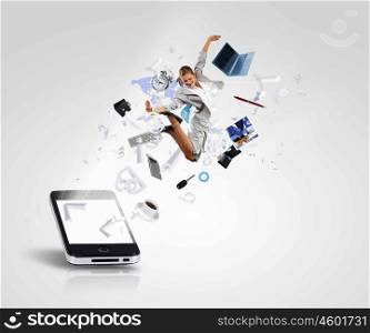 Mobile phone. Image of businesswoman jumping out of mobile phone