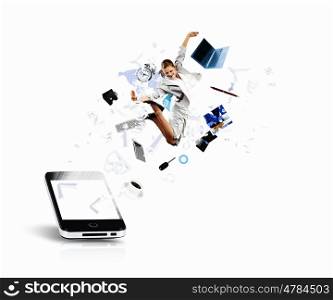 Mobile phone. Image of businesswoman jumping out of mobile phone