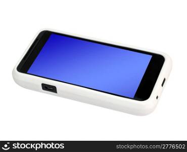 Mobile phone in a cover with a blank screen. Isolated on a white background.