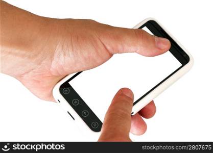 Mobile phone in a man&acute;s hand. Isolated on a white background.