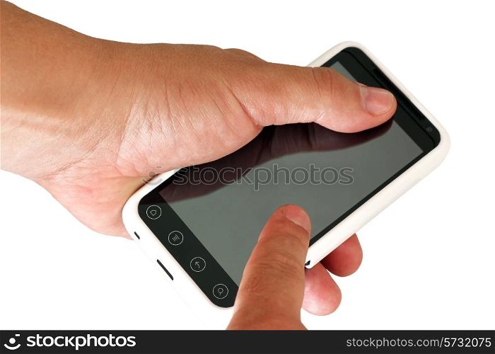 Mobile phone in a man&rsquo;s hand.