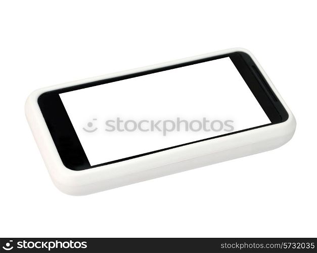 Mobile phone in a white cover with a blank screen. Isolated on a white background.