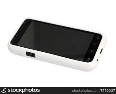 Mobile phone in a white cover with a blank screen. Isolated on a white background.