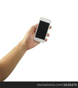 Mobile phone in hand isolated on white background.. Mobile phone in hand isolated on white background and have clipping paths to easy deployment.