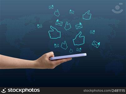 Mobile phone notifications for published news, likes and comments in the global social network. A woman&rsquo;s hand holds a phone on a blue background.