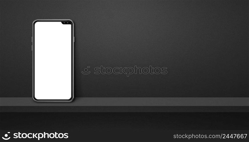Mobile phone on black wall shelf. Horizontal background banner. 3D Illustration. Mobile phone on black wall shelf. Background banner