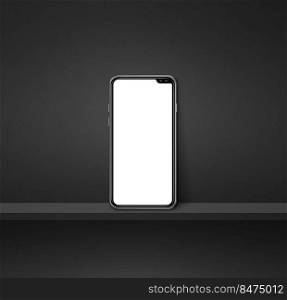 Mobile phone on black wall shelf. Square background. 3D Illustration. Mobile phone on black wall shelf. Square background