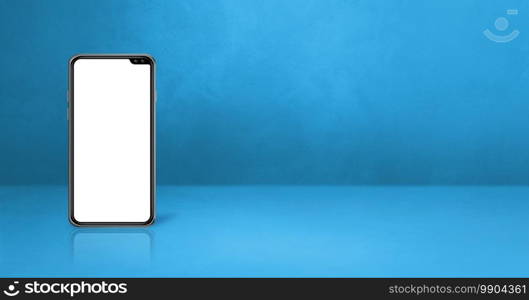 Mobile phone on blue office desk. Horizontal background banner. 3D Illustration. Mobile phone on blue office desk. Background banner