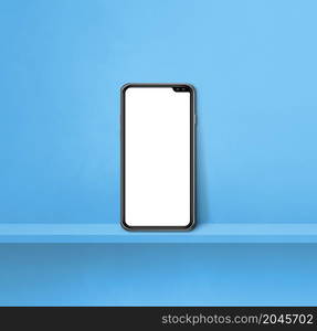 Mobile phone on blue wall shelf. Square background. 3D Illustration. Mobile phone on blue wall shelf. Square background