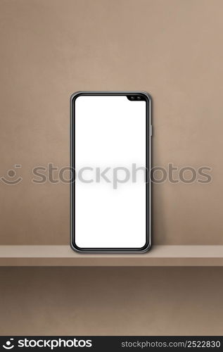 Mobile phone on brown wall shelf. Vertical background. 3D Illustration. Mobile phone on brown wall shelf. Vertical background