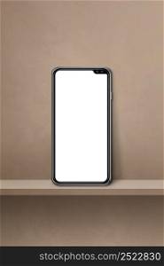 Mobile phone on brown wall shelf. Vertical background. 3D Illustration. Mobile phone on brown wall shelf. Vertical background