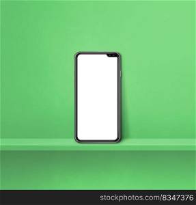 Mobile phone on green wall shelf. Square background. 3D Illustration. Mobile phone on green wall shelf. Square background