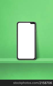 Mobile phone on green wall shelf. Vertical background. 3D Illustration. Mobile phone on green wall shelf. Vertical background