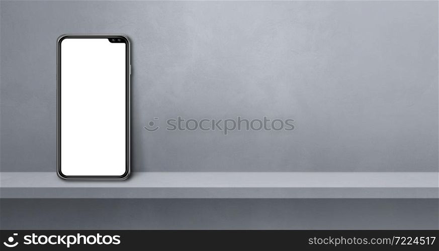 Mobile phone on grey wall shelf. Horizontal background banner. 3D Illustration. Mobile phone on grey wall shelf. Background banner
