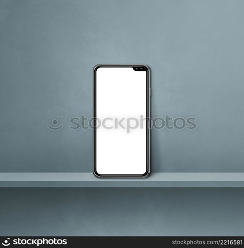 Mobile phone on grey wall shelf. Square background. 3D Illustration. Mobile phone on grey wall shelf. Square background