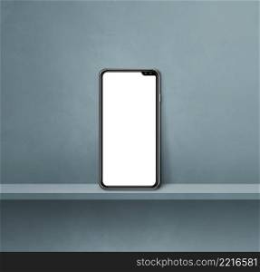 Mobile phone on grey wall shelf. Square background. 3D Illustration. Mobile phone on grey wall shelf. Square background